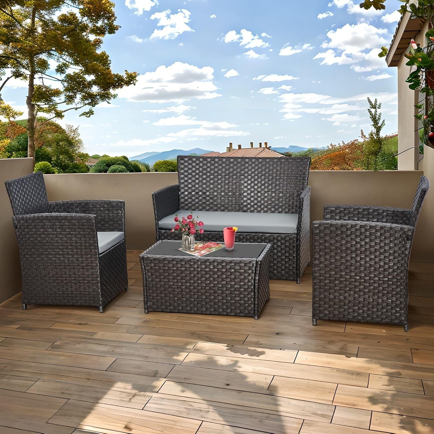 4-Seater Rattan Garden Patio Set | Outdoor PE Wicker Chairs & Glass Table