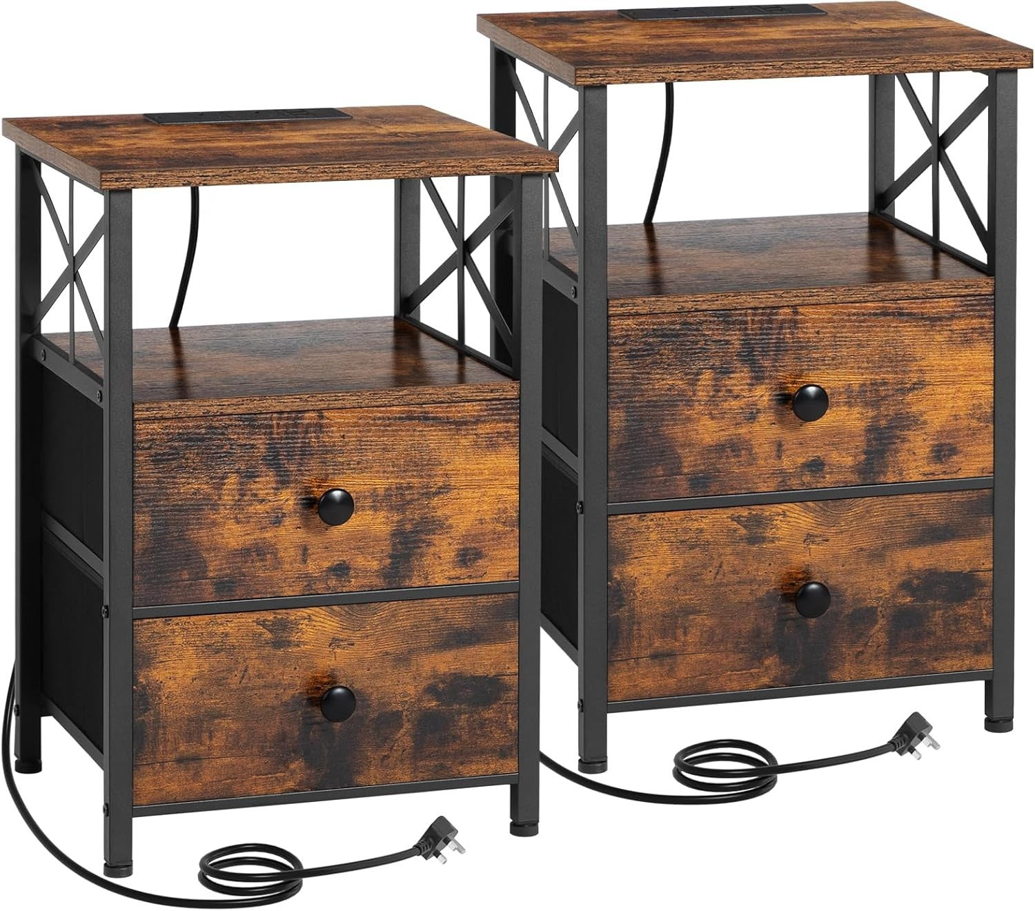 Set of 2 Brown Bedside Tables with USB Ports & Fabric Drawers
