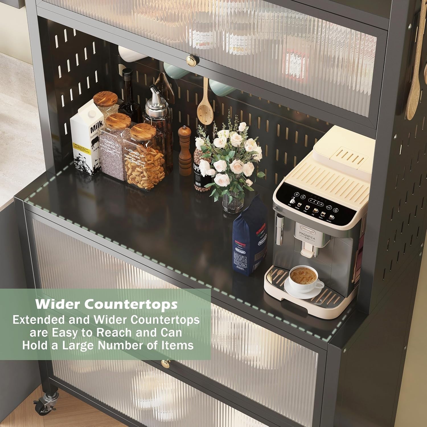 80x36x162cm Black 5-Tier Kitchen Baker's Rack with Flip Doors & Wheels