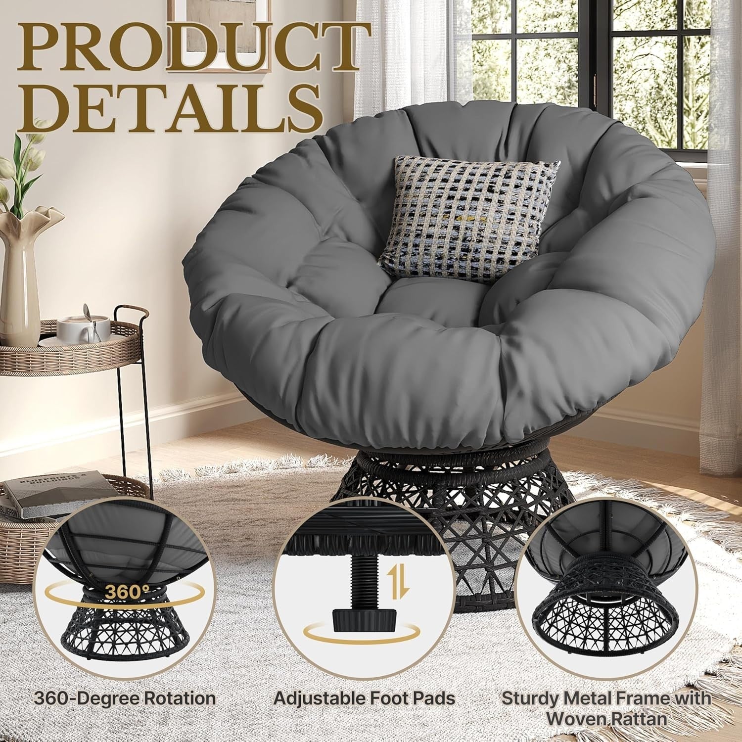 Swivel Papasan Moon Chair Oversized Round Lounge Chair with Thick Cushion