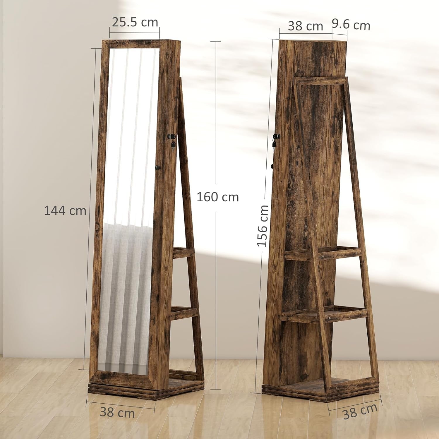 360° Swivel Jewelry Cabinet Lockable Full Length Mirror Storage Rustic
