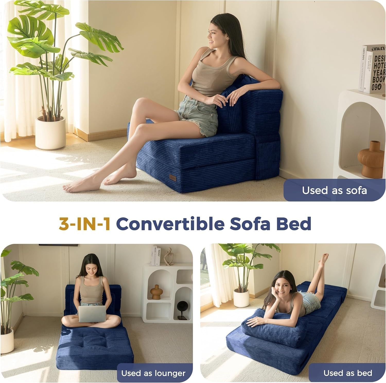 Tri-Fold Folding Foam Sofa Bed Chair Single Futon Z Bed Guest Mattress