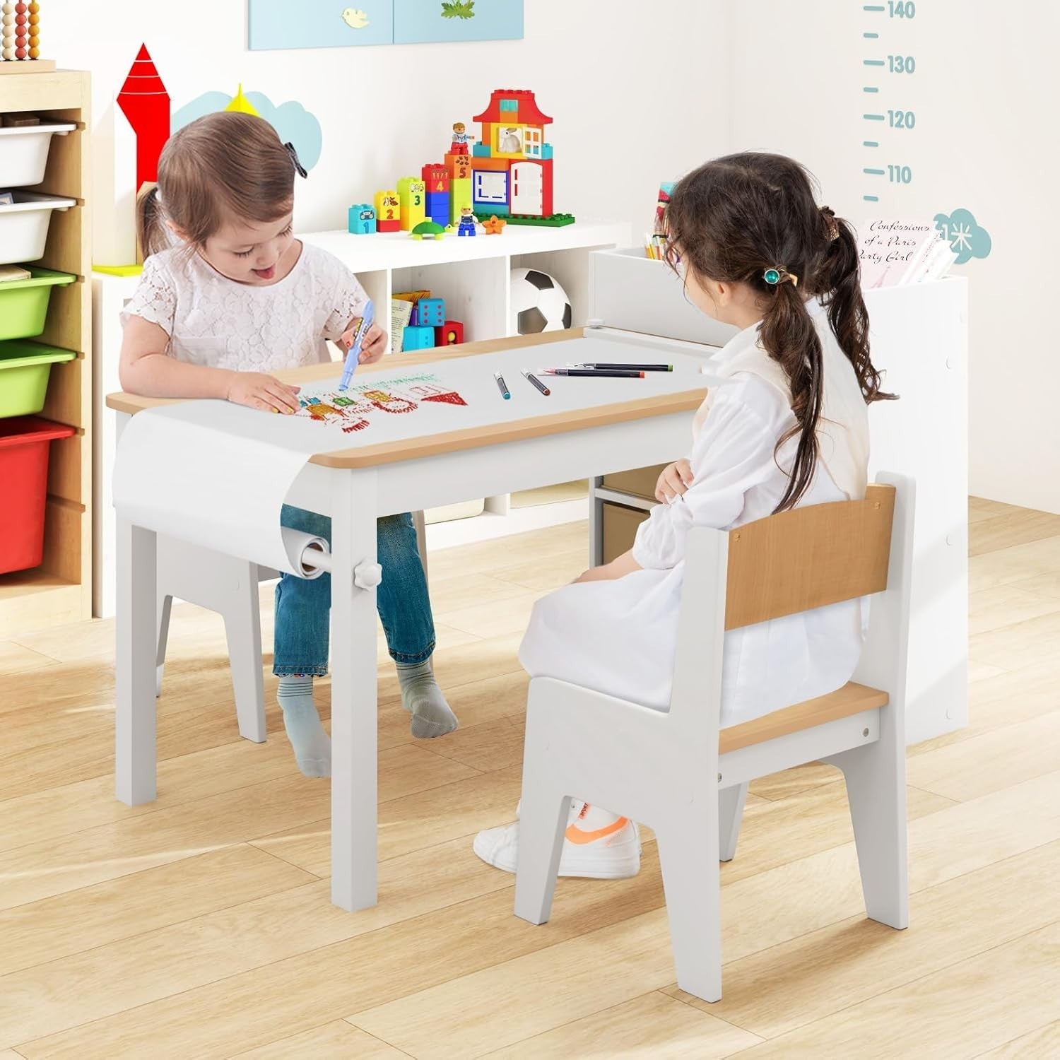 Kids Art Table & Chairs Set with Paper Roll + Storage – Drawing & Craft