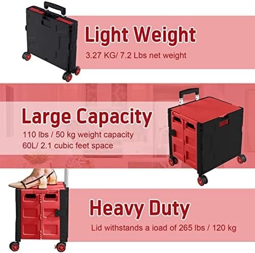 Foldable Grocery Shopping Trolley Cart Box 50Kg with Lid Portable Red