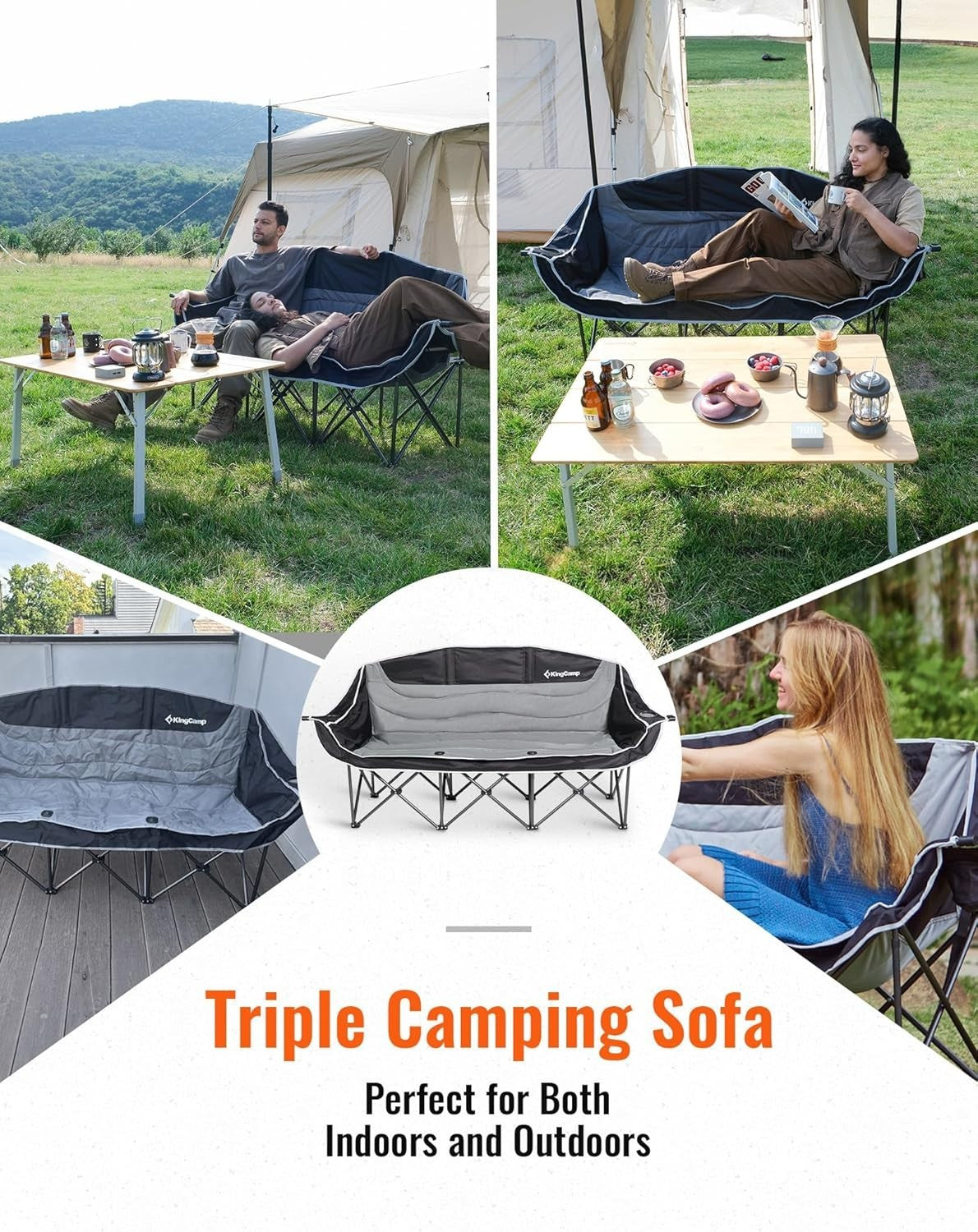 3 Seater Folding Camping Sofa Chair Heavy Duty Padded w/ Cup Holder