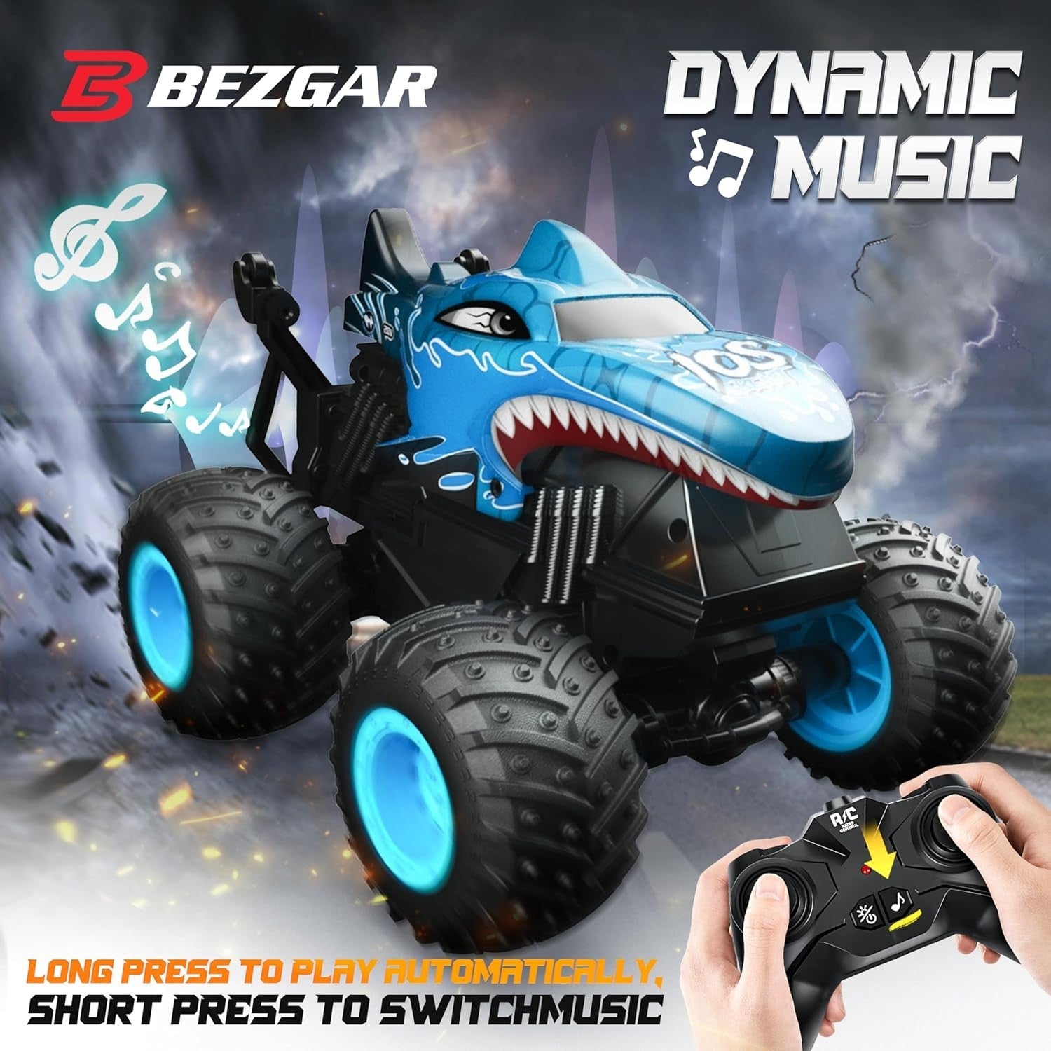 RC Monster Truck for Kids 3–8 – 360° Spin, LED Lights, Music & Wheelie Stunts