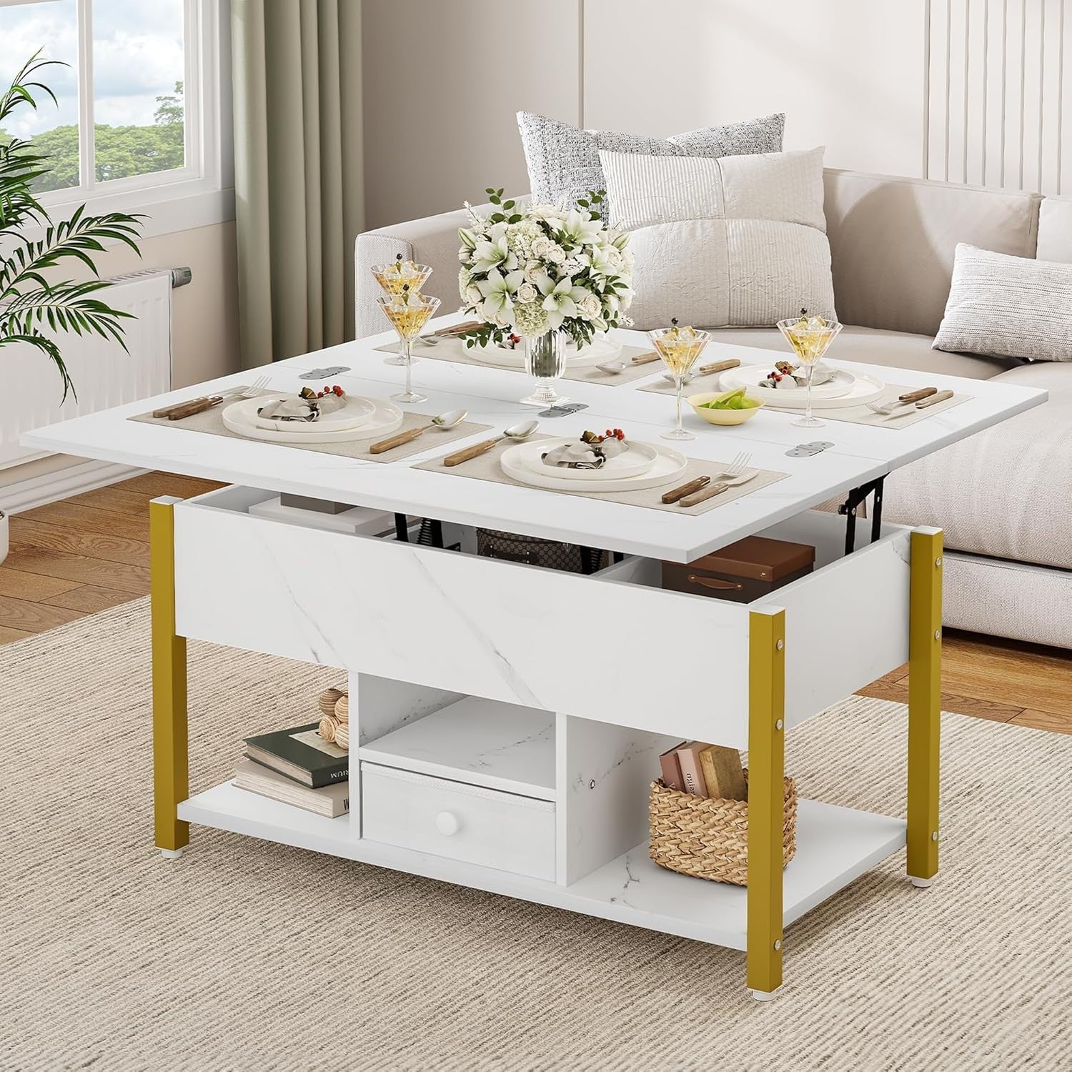 4in1 Lift Top Coffee Table with Storage Drawers Dining Table Convertible White
