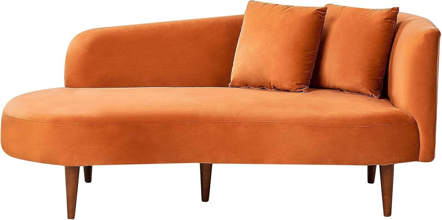 Right Hand Velvet Chaise Lounge Orange with Dark Wood Legs & Throw Pillows