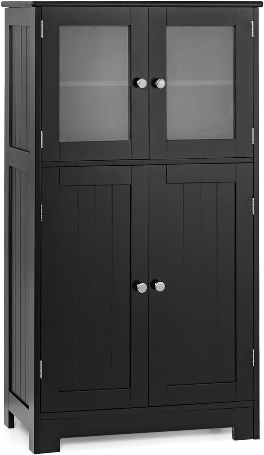 Bathroom Floor Cabinet Freestanding with Tempered Glass & Adjustable Shelves