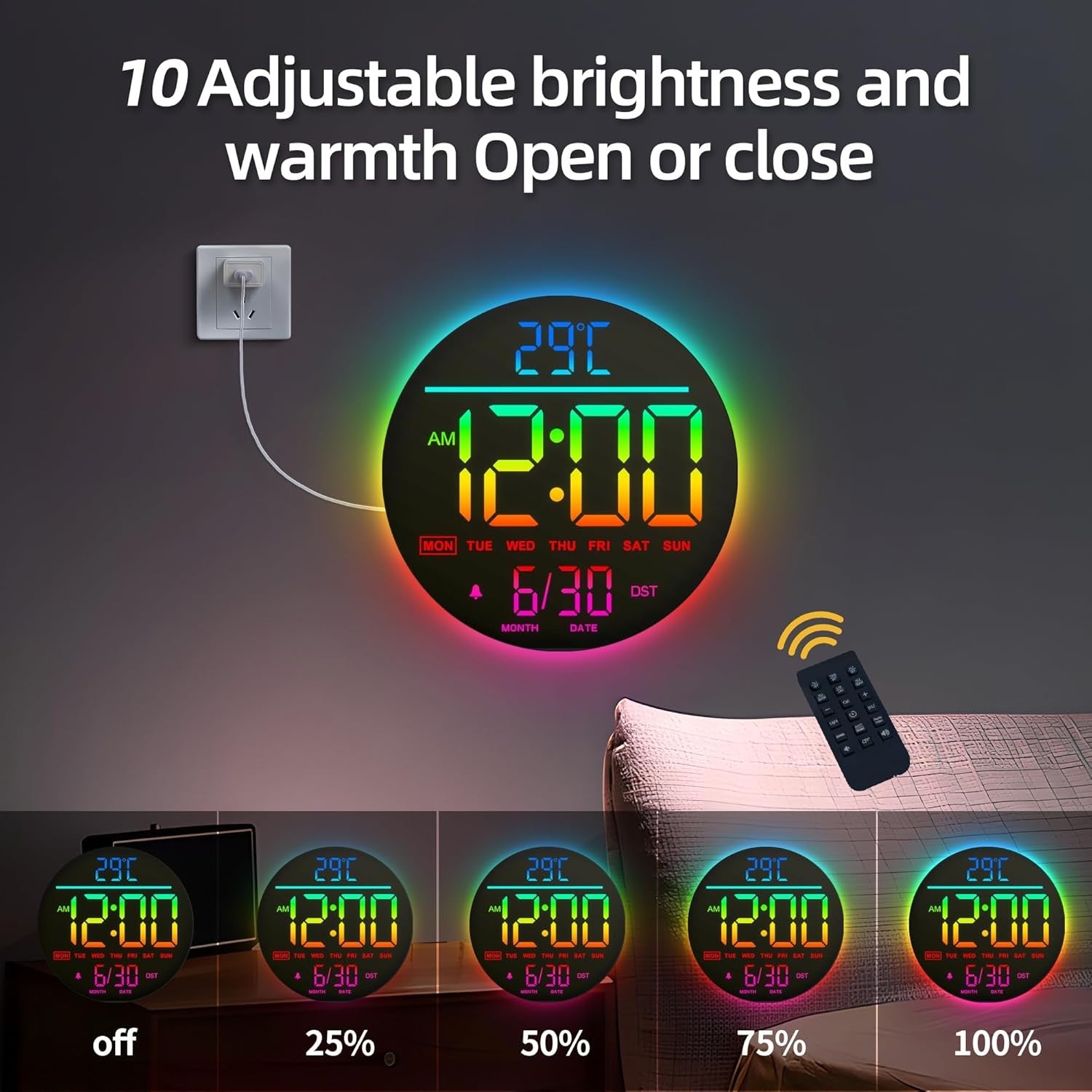 RGB LED Digital Wall Clock 10 Inch Remote Control Night Light Display