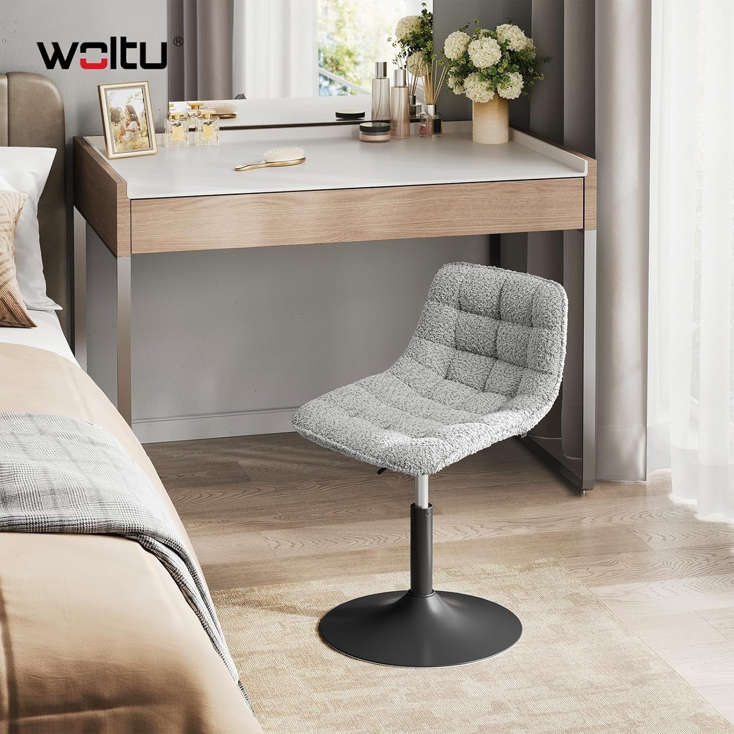 Grey Swivel Vanity Chair Height Adjustable Chenille Dressing Table Stool
