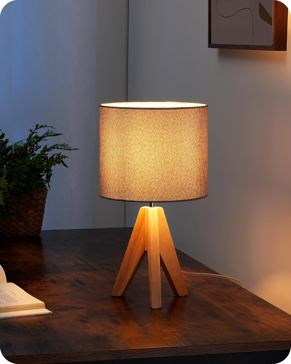 Tripod Bedside Table  Grey Linen Shade Wooden Base Modern Desk Light 36cm