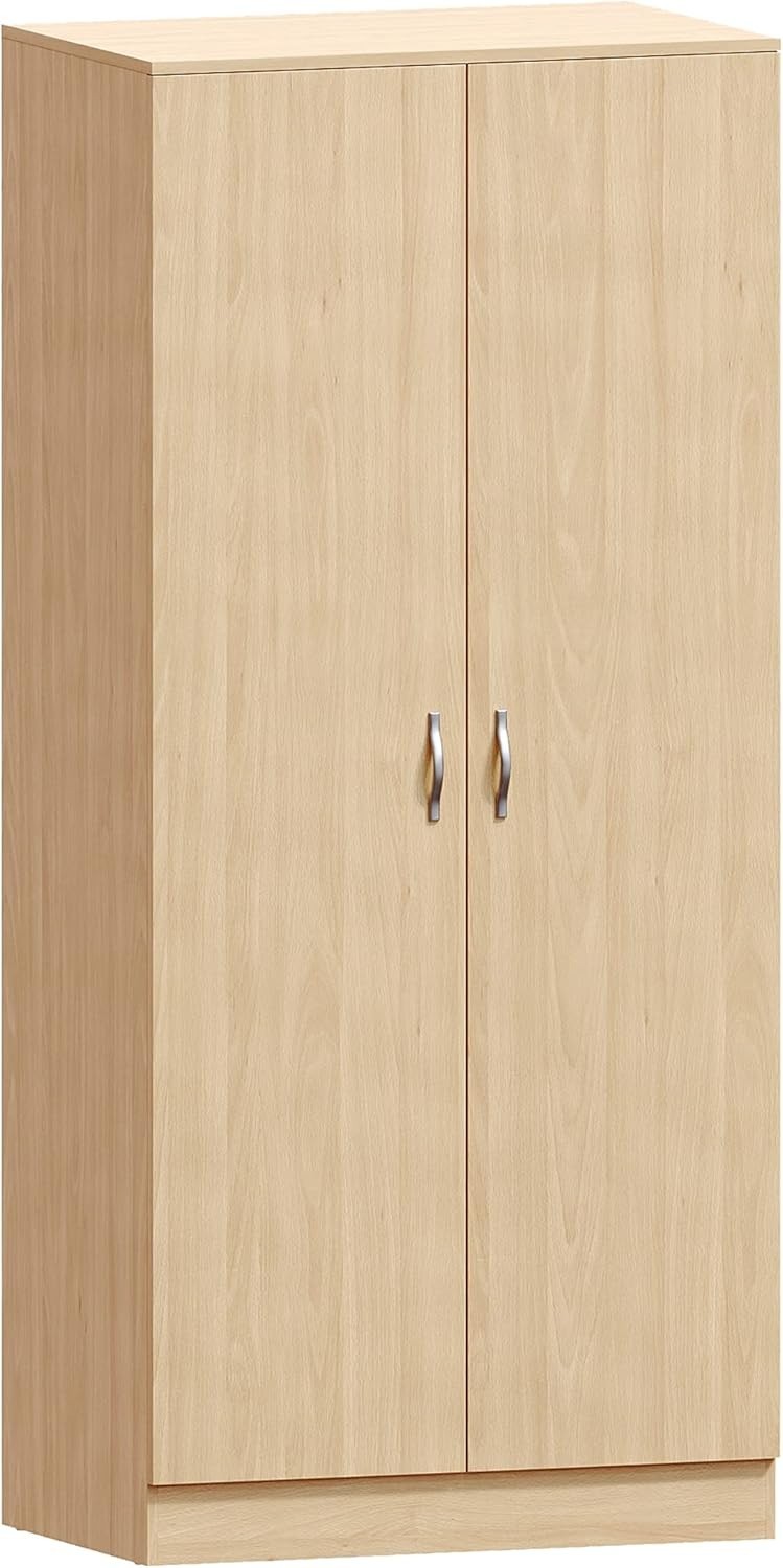 2 Door Pine Wardrobe with Shelf & Hanging Rail, Tall Bedroom Storage