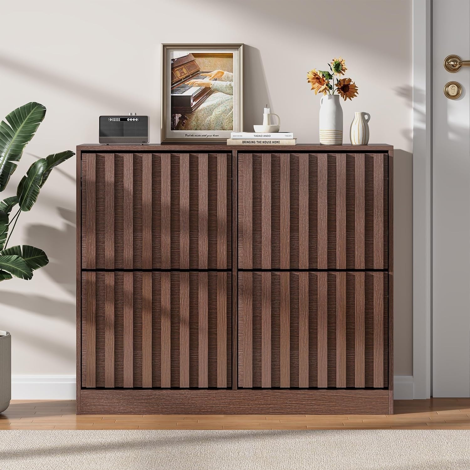 Wide Wooden Shoe Cabinet 4 Flip Drawers Ventilated Storage Modern Walnut