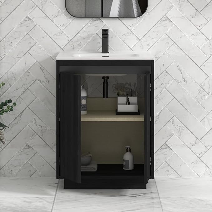 600mm Black Floor Standing Vanity Unit with Basin Sink 2 Door Bathroom Cabinet