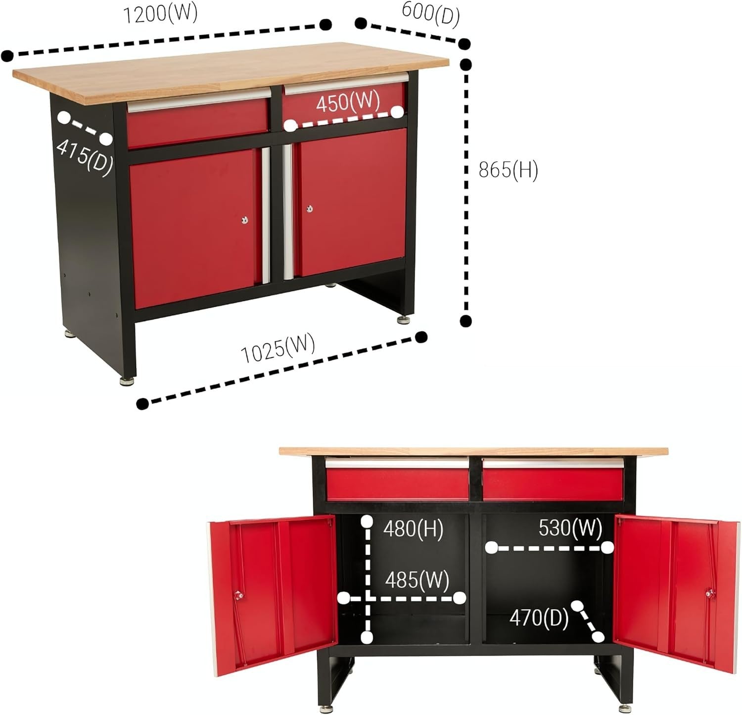 Storage Workbench with Lockable Cabinets Drawers Steel Frame Wood Top 1200mm