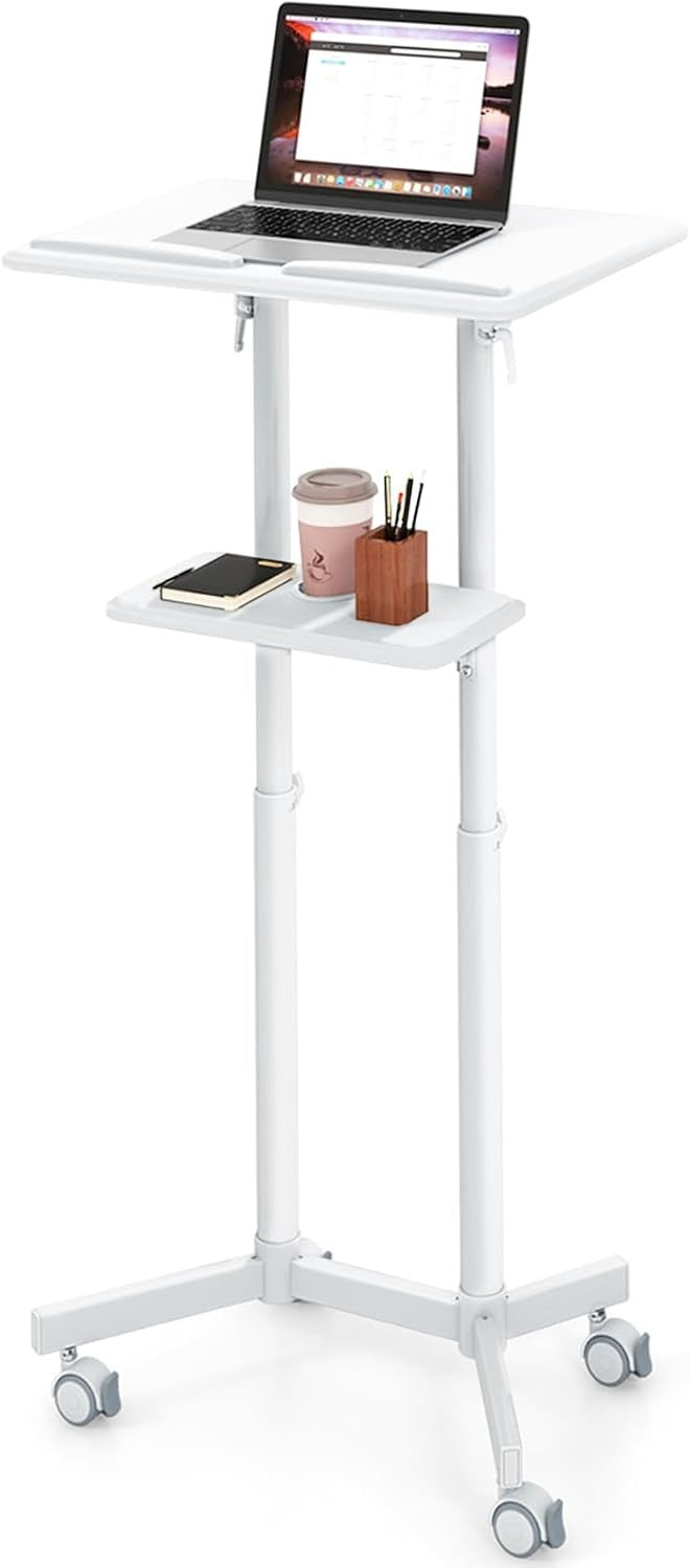 Mobile Lectern Height Adjustable Standing Podium Desk with Wheels Storage Shelf