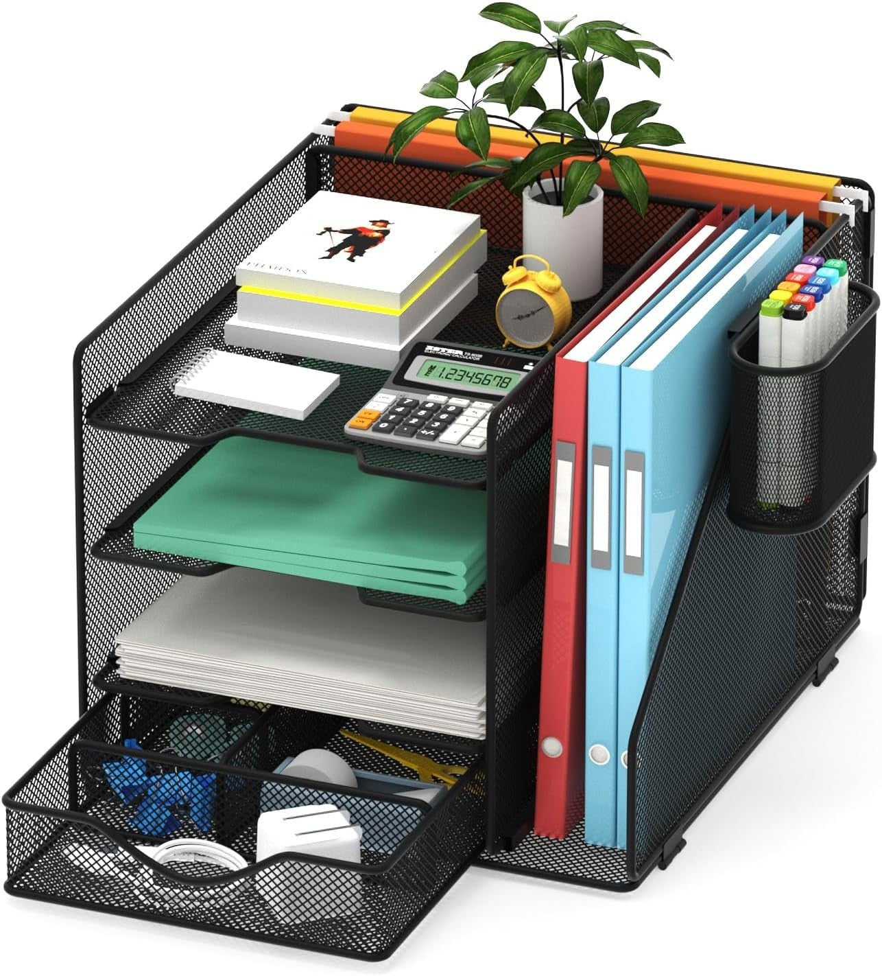 Black Mesh Desk Organiser – 4-Tier Paper Tray, Drawer & Pen Holder
