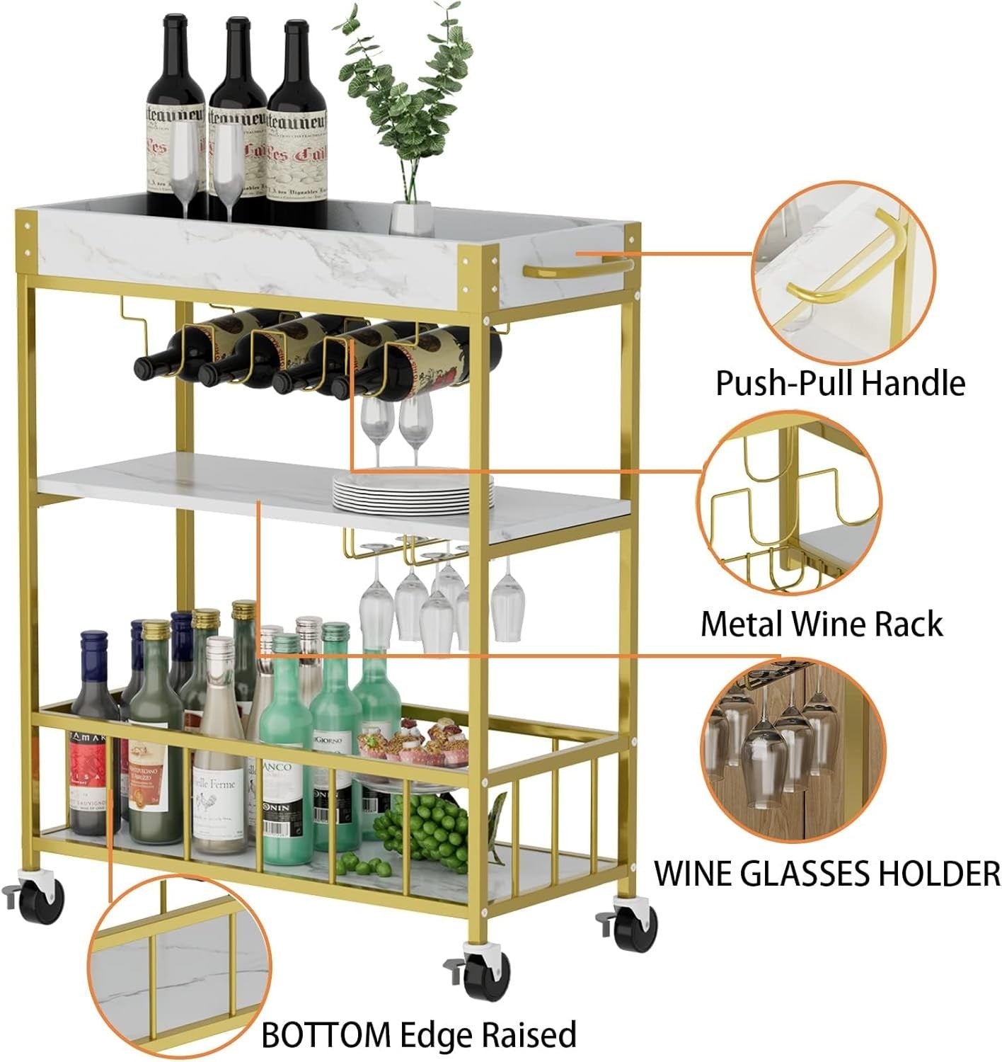 3 Tier Gold Bar Cart with Wine Rack & Glass Holder Rolling Drinks Trolley