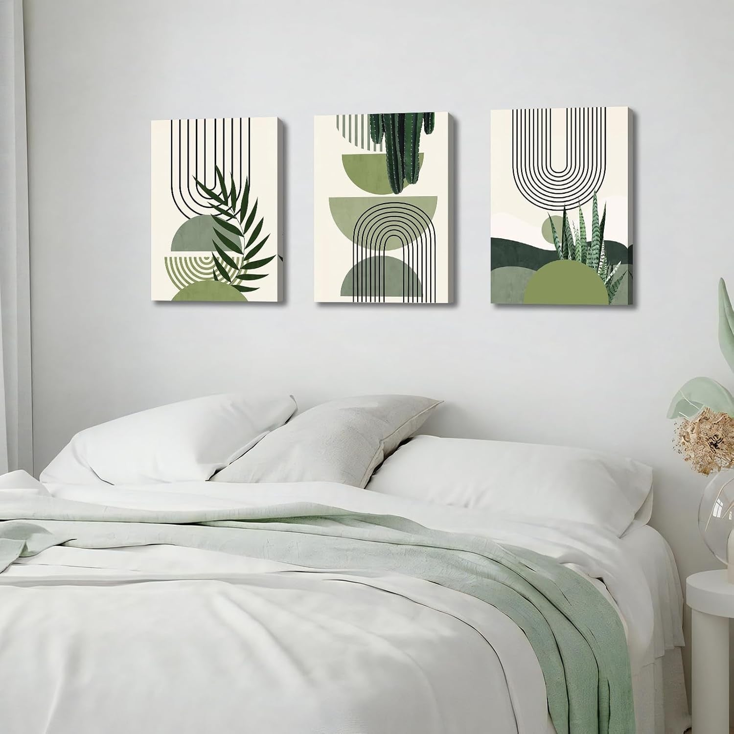 Set of 3 Framed Sage Green Botanical Canvas Wall Art 50x70cm