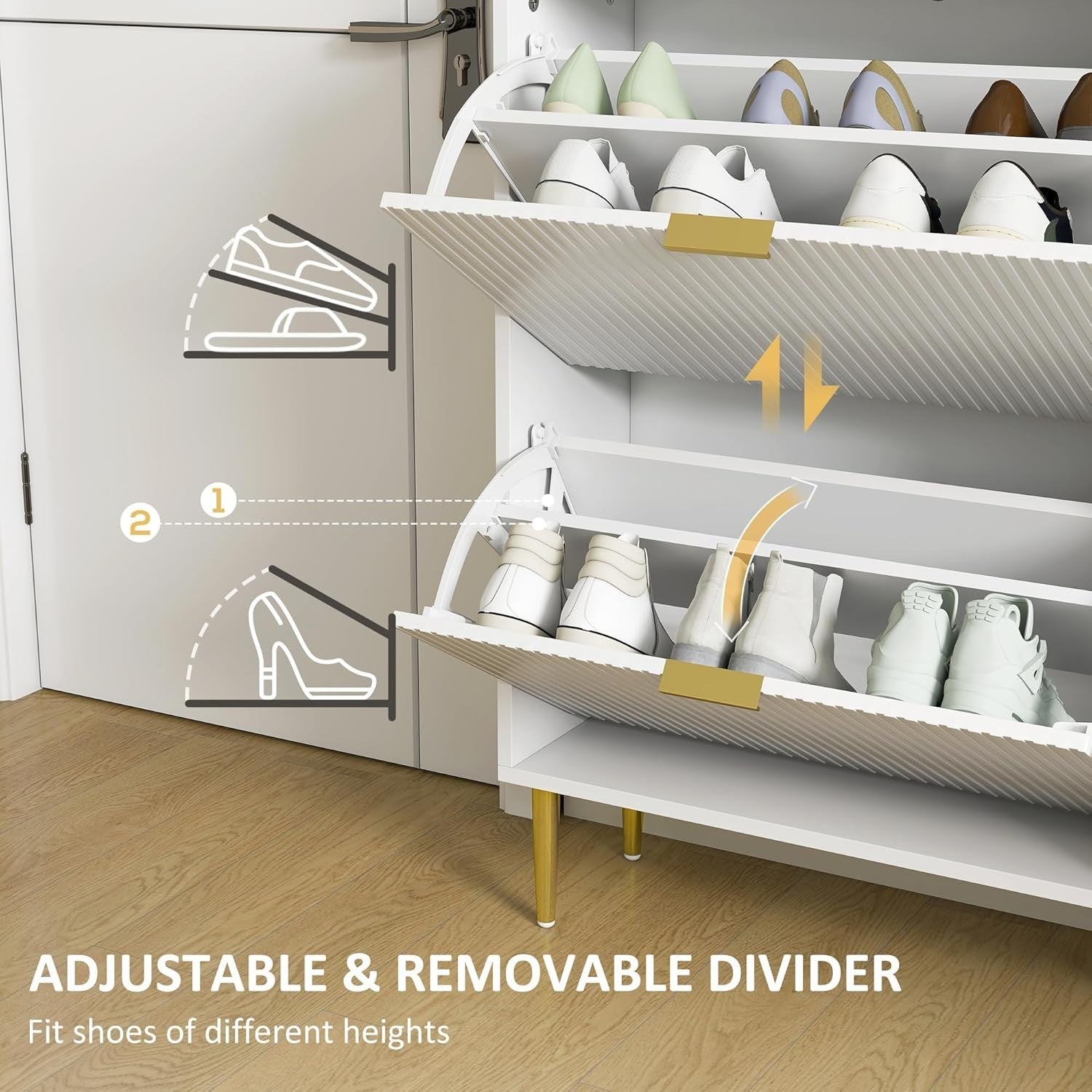 Slim 4 Drawer Shoe Cabinet – Fluted Doors, Adjustable Shelves, Space-Saving