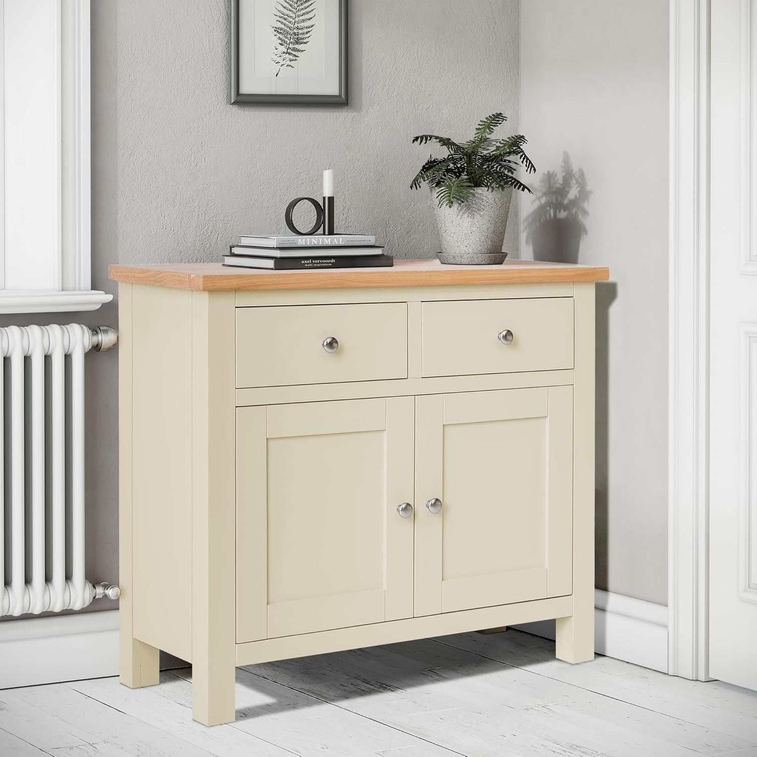 Cream Small Sideboard Storage Cabinet 2 Drawer 2 Door Oak Top for Kitchen