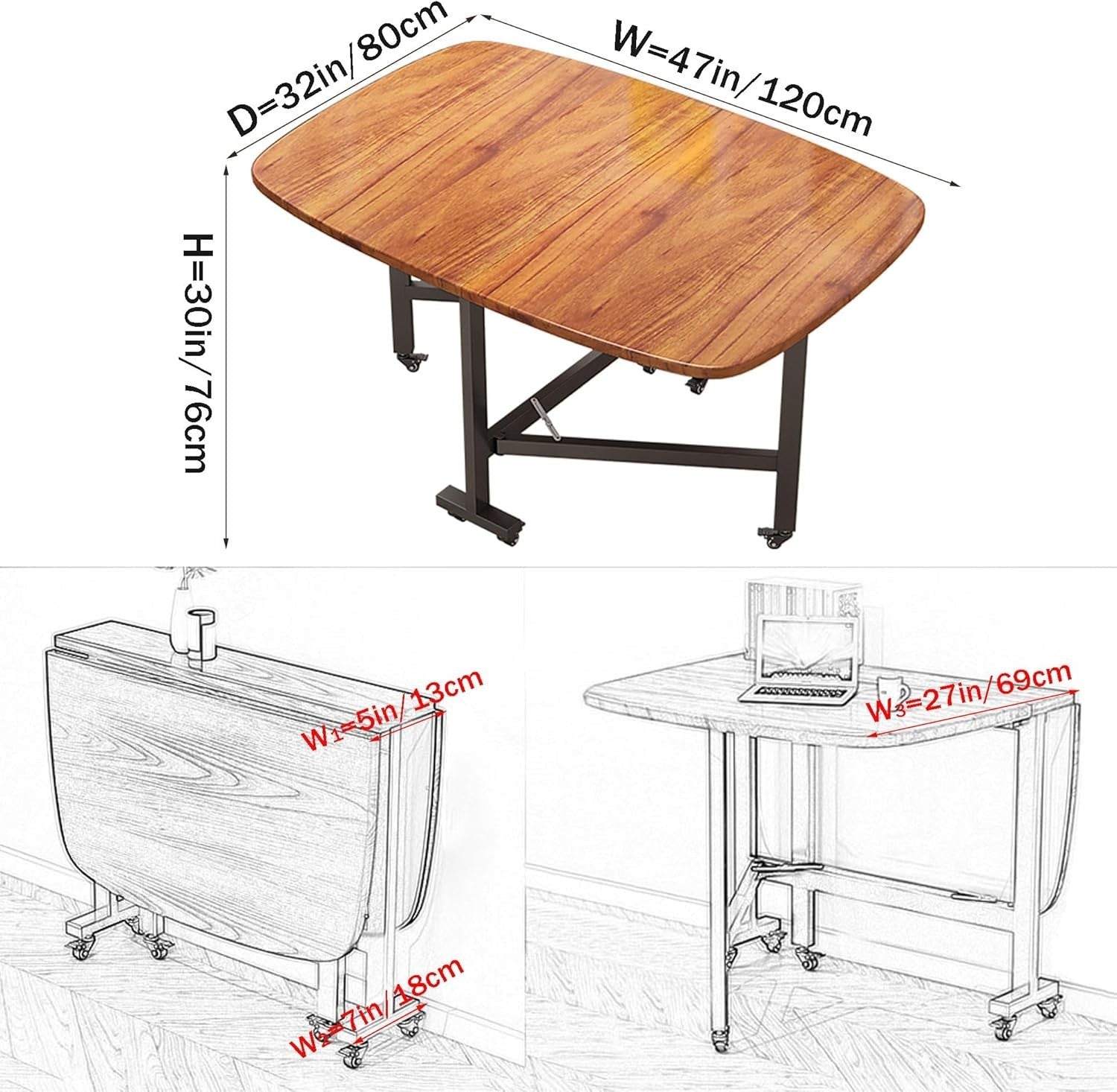 120CM Foldable Drop Leaf Dining Table with 6 Wheels for Small Spaces