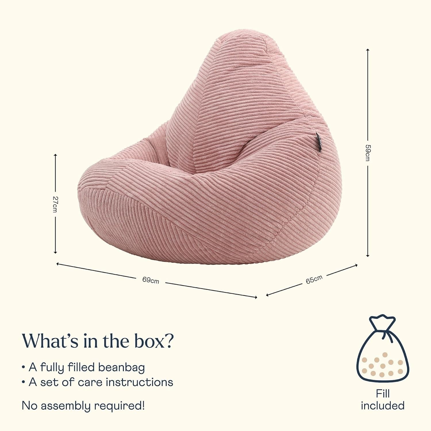 Pink Kids Bean Bag Chair Soft Cord Recliner Seat for Bedroom Lounge Playroom