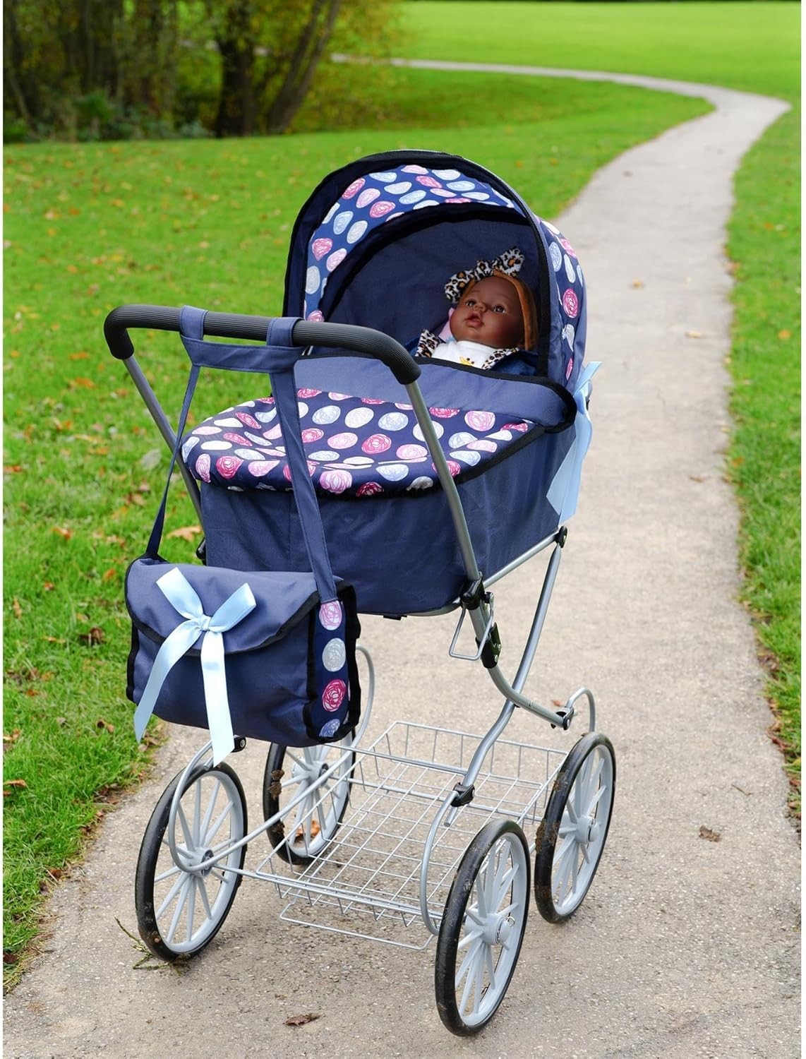 Blue Doll Pram Pushchair with Cot Adjustable Hood Basket Bag