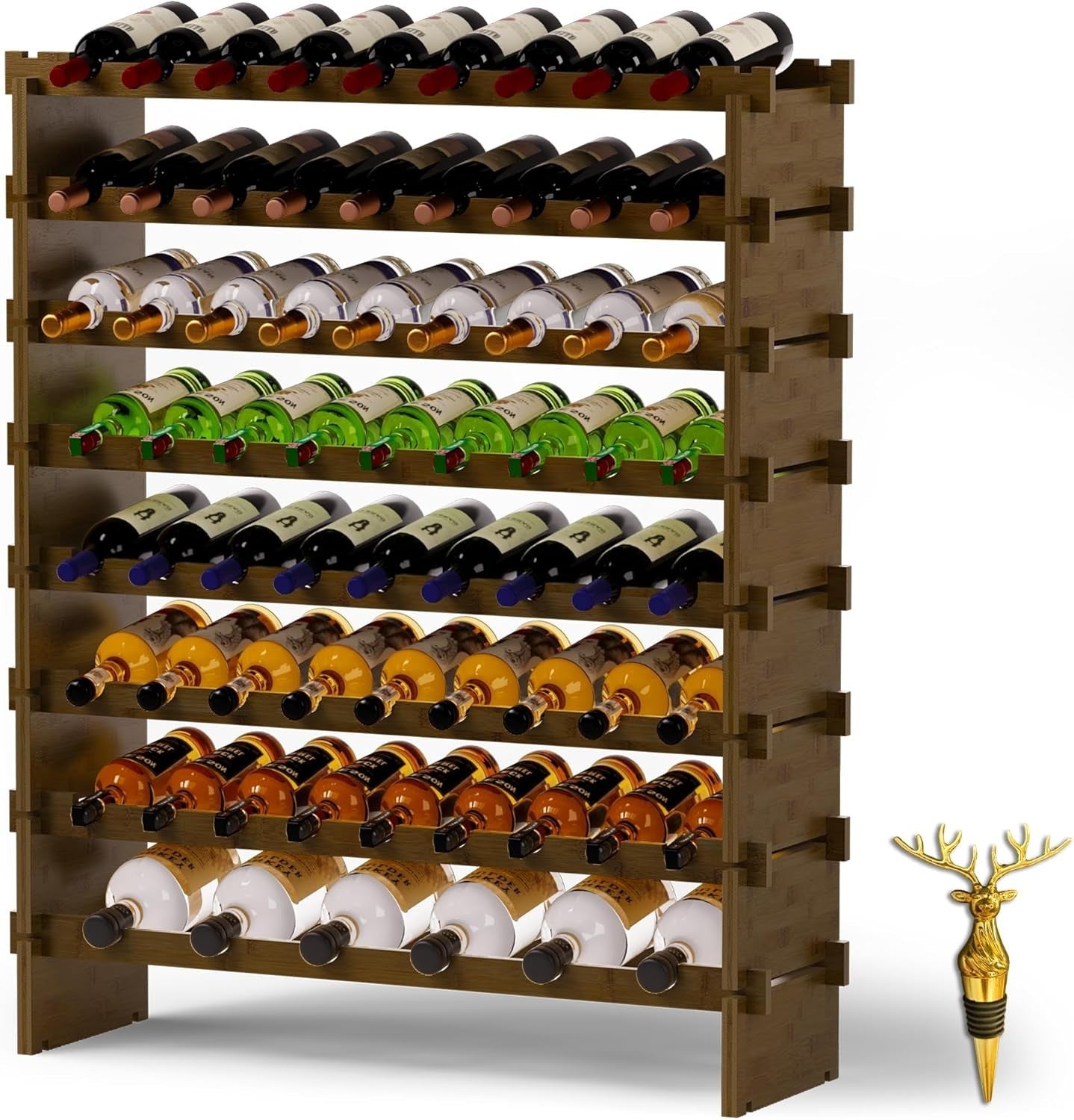 69 Bottle Wine Rack Floor Standing Bamboo 8-Tier Stackable Storage Shelf Walnut