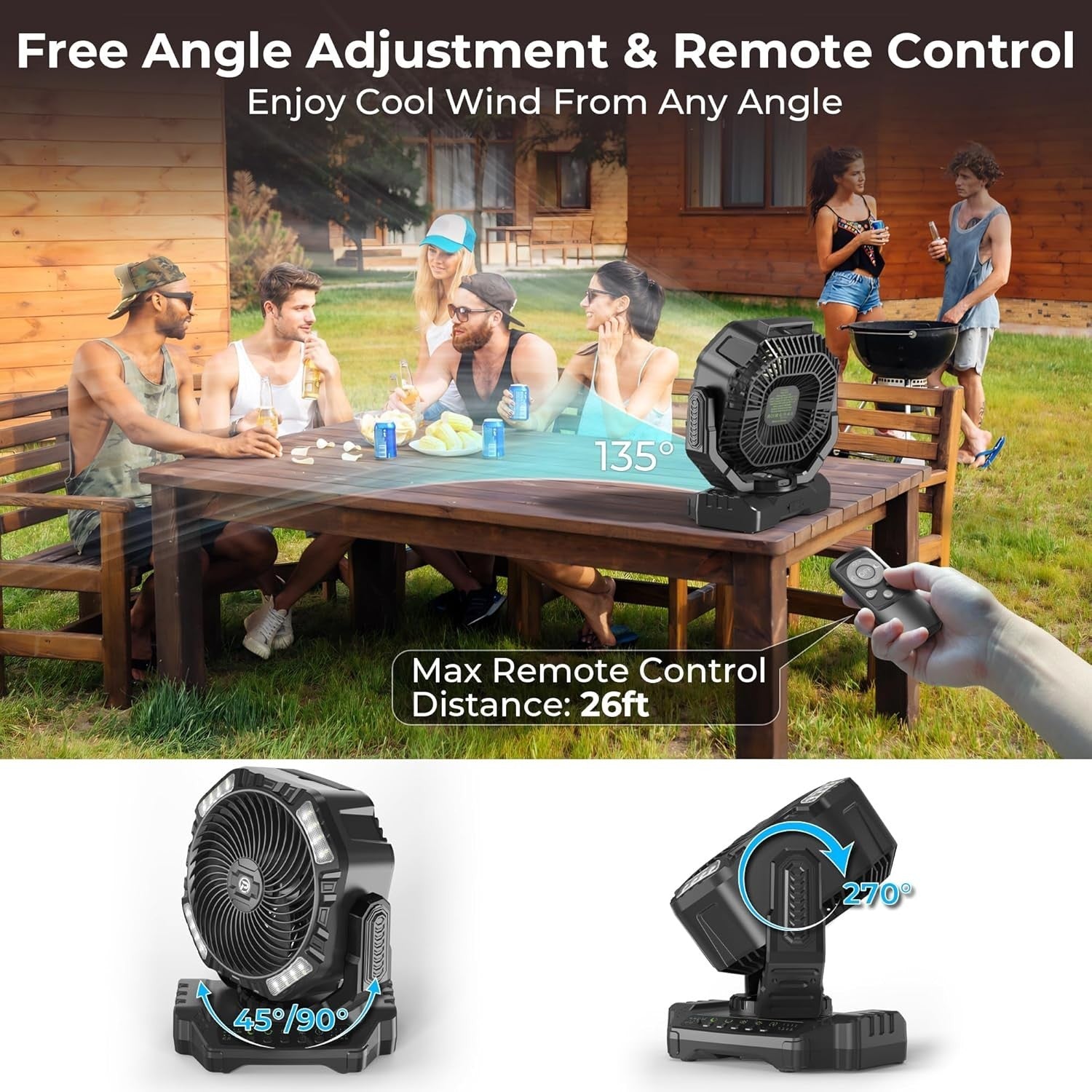 Portable Camping Fan – Long 40000mAh Rechargeable w LED Light Remote Timer Quiet