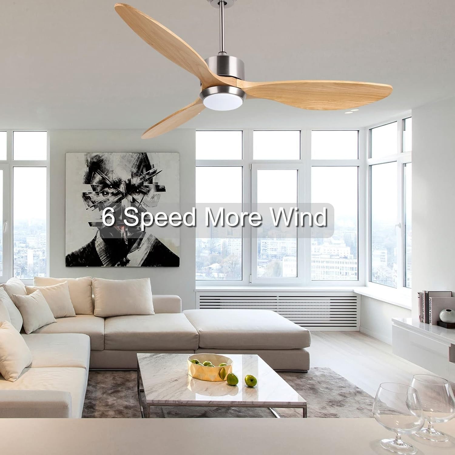 Ovlaim 132cm Silent Wood Ceiling Fan, LED Light, Reversible DC Motor, Remote