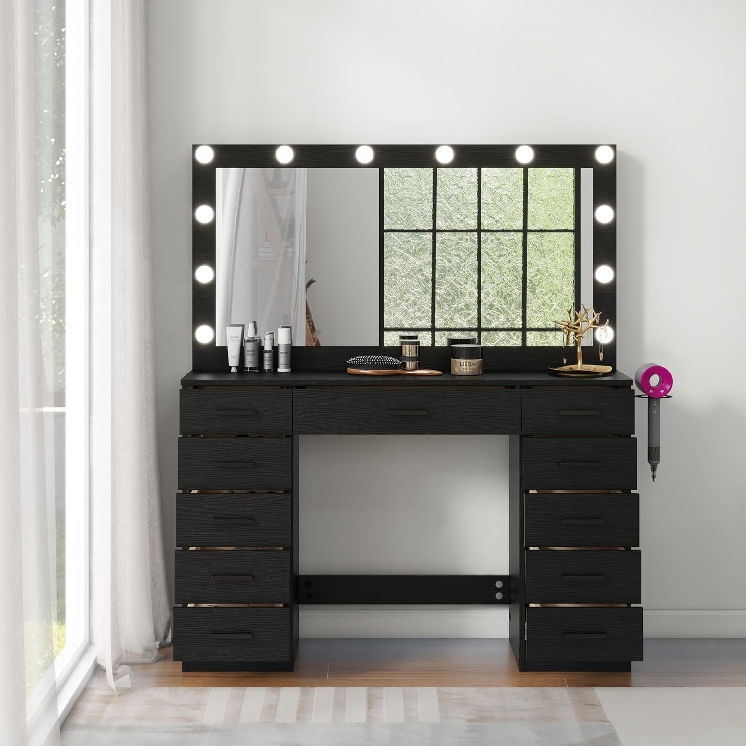 Vanity Makeup Dressing Table Set 11 Drawers LED Mirror Stool Storage Black White