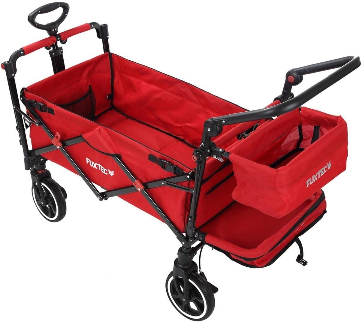 Red Folding Stroller Wagon Kids Push Pull Cart w/ Canopy & Safety Harness
