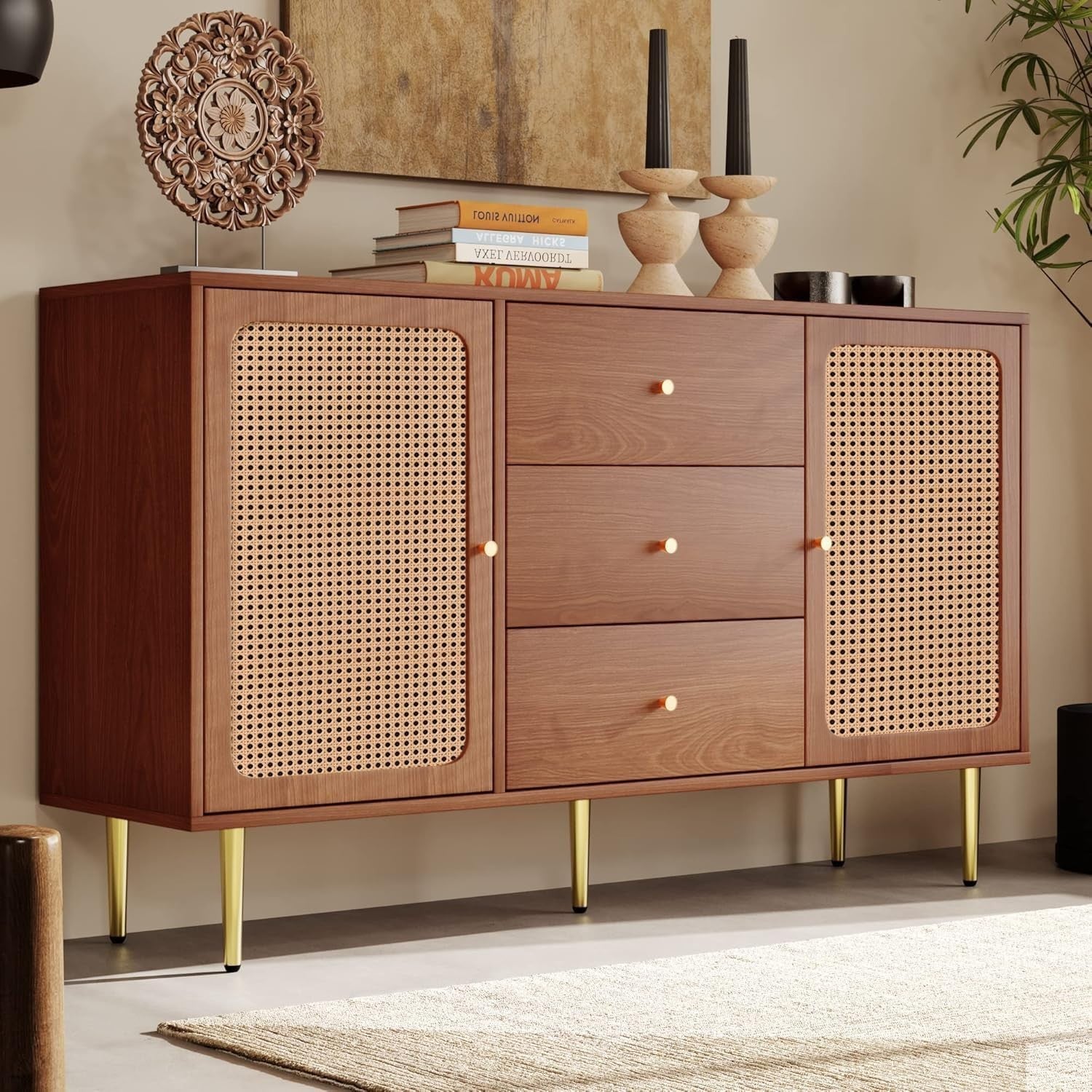 Walnut Rattan Sideboard Cabinet 3 Drawers 2 Doors Storage Unit