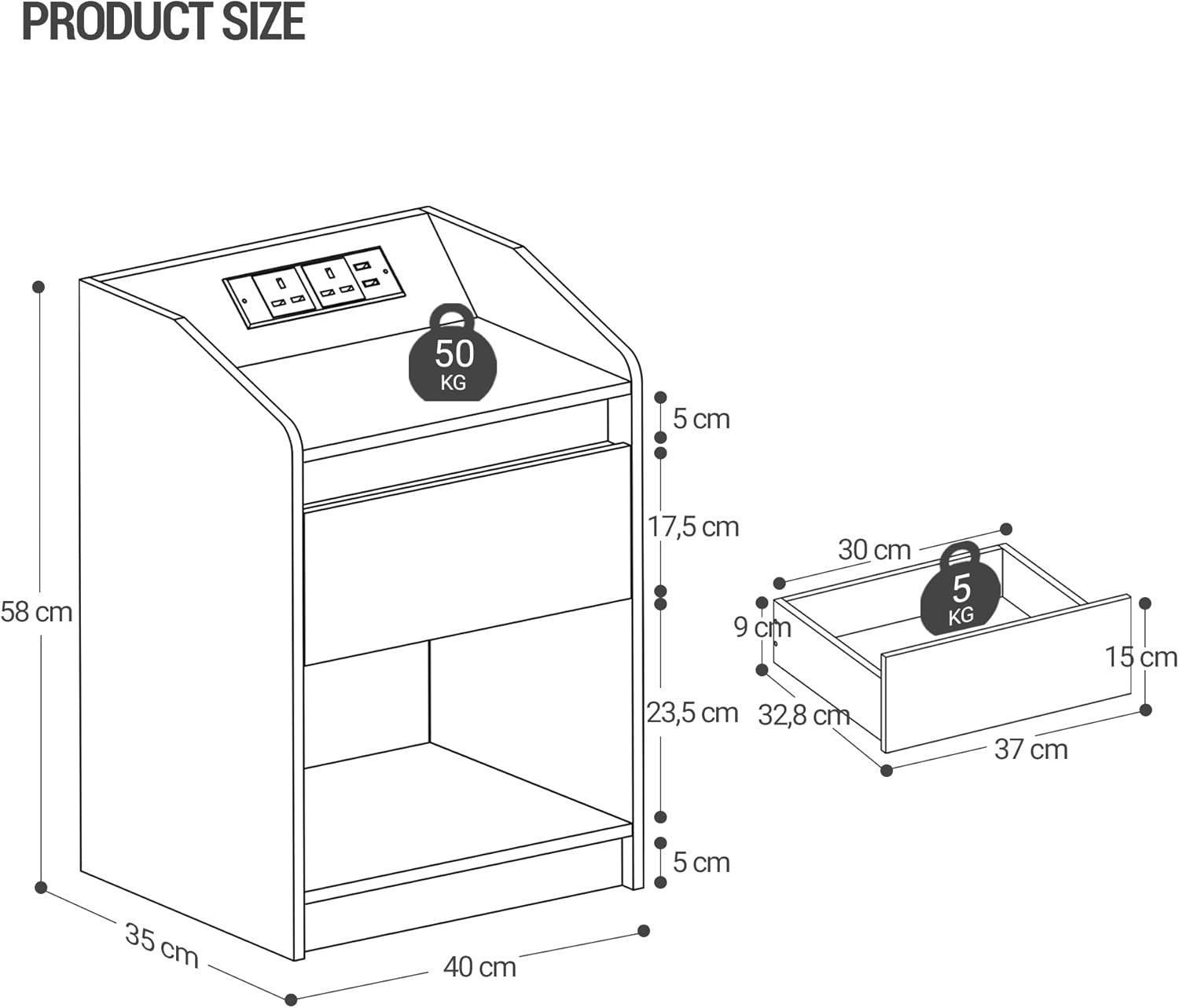 Set of 2 LED Bedside Tables with Charging Ports – Modern Nightstands with Drawer