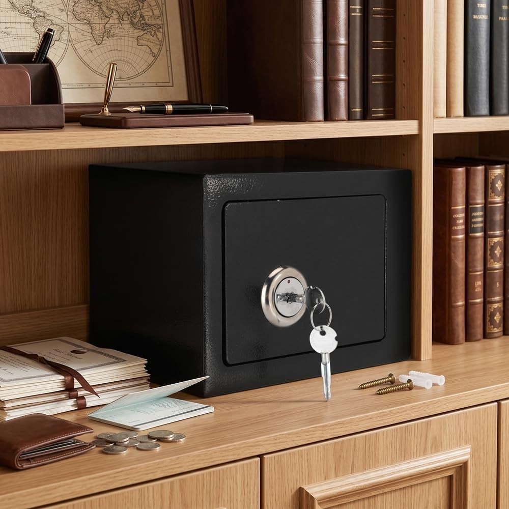 Small Steel Safe Box Key Lock Security Cash Jewelry Document Storage