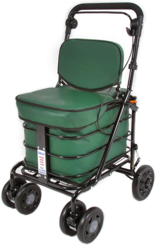 Premium 6 Wheel Mobility Shopping Trolley With Seat Backrest Forest Green
