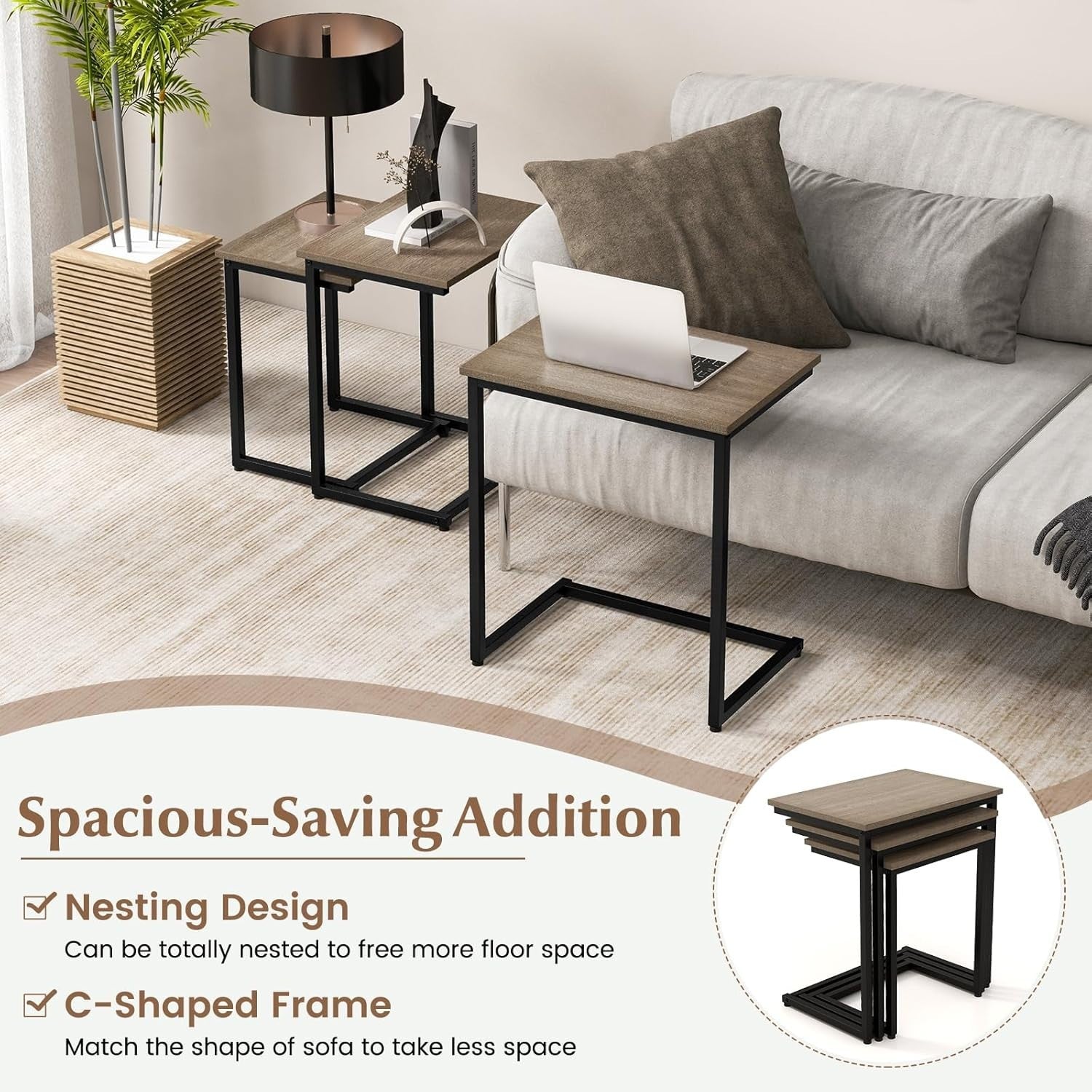 Nest of 3 C Table End Tables Stackable Coffee Side Laptop Sofa Tray Grey Oak
