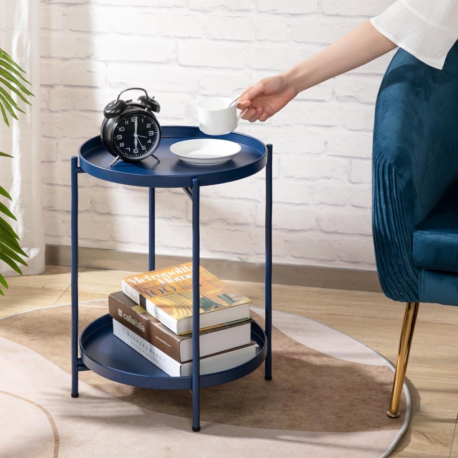 Small Round Metal Side Table 2-Tier Removable Tray Coffee Table Dark Blue