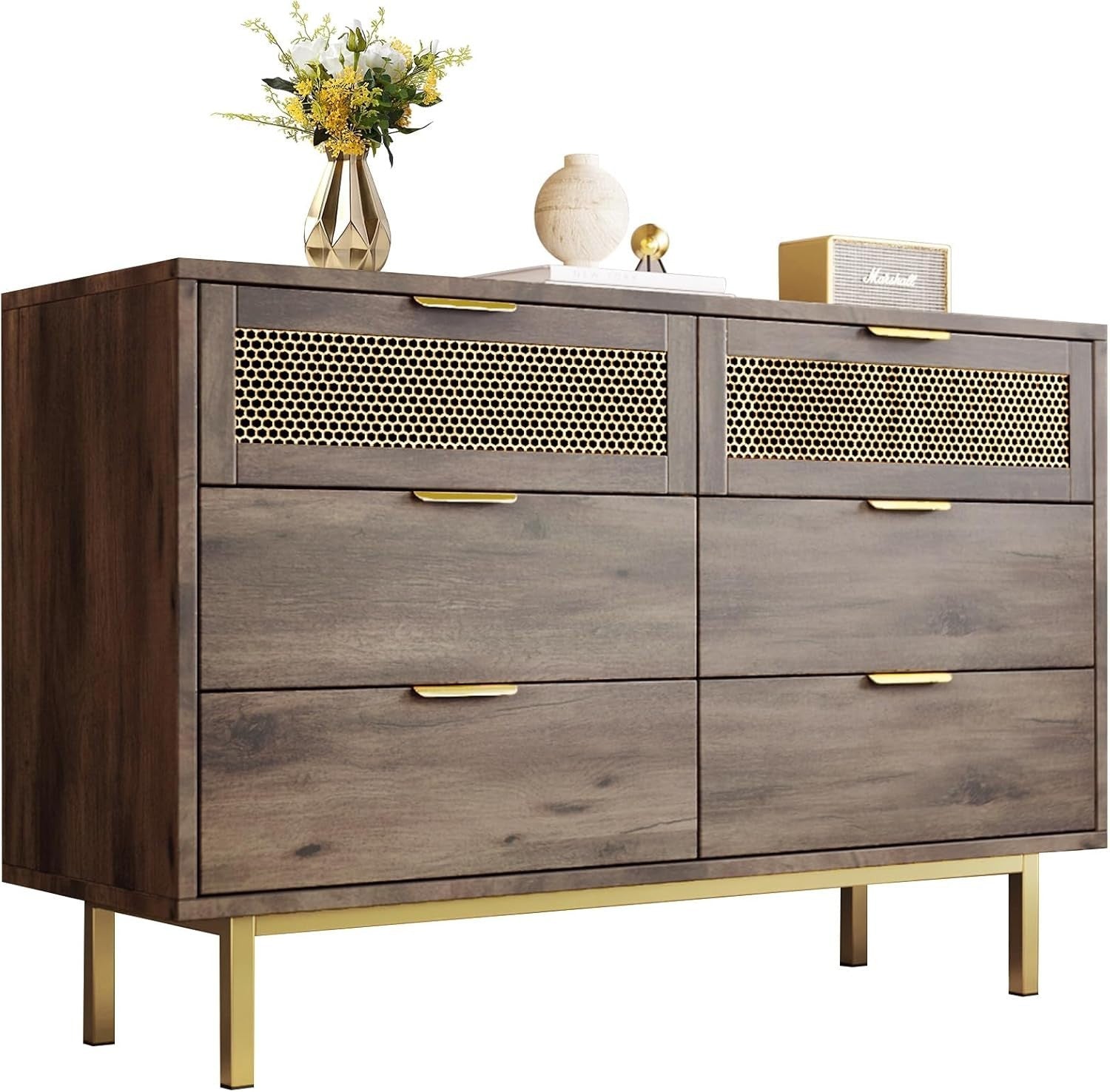 Wood Sideboard Cabinet 120cm 6 Drawer Storage Unit Metal Legs Modern Hallway