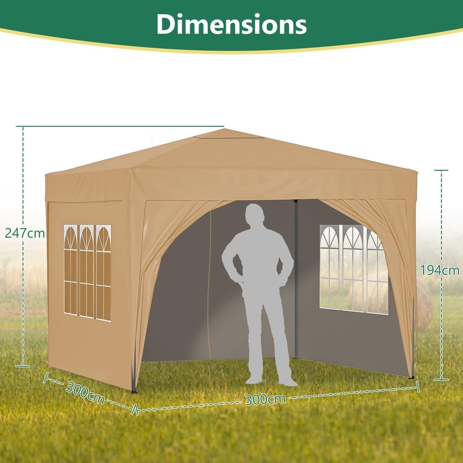 3x3M Beige Pop Up Gazebo With Sides Waterproof Garden Party Tent Steel Frame