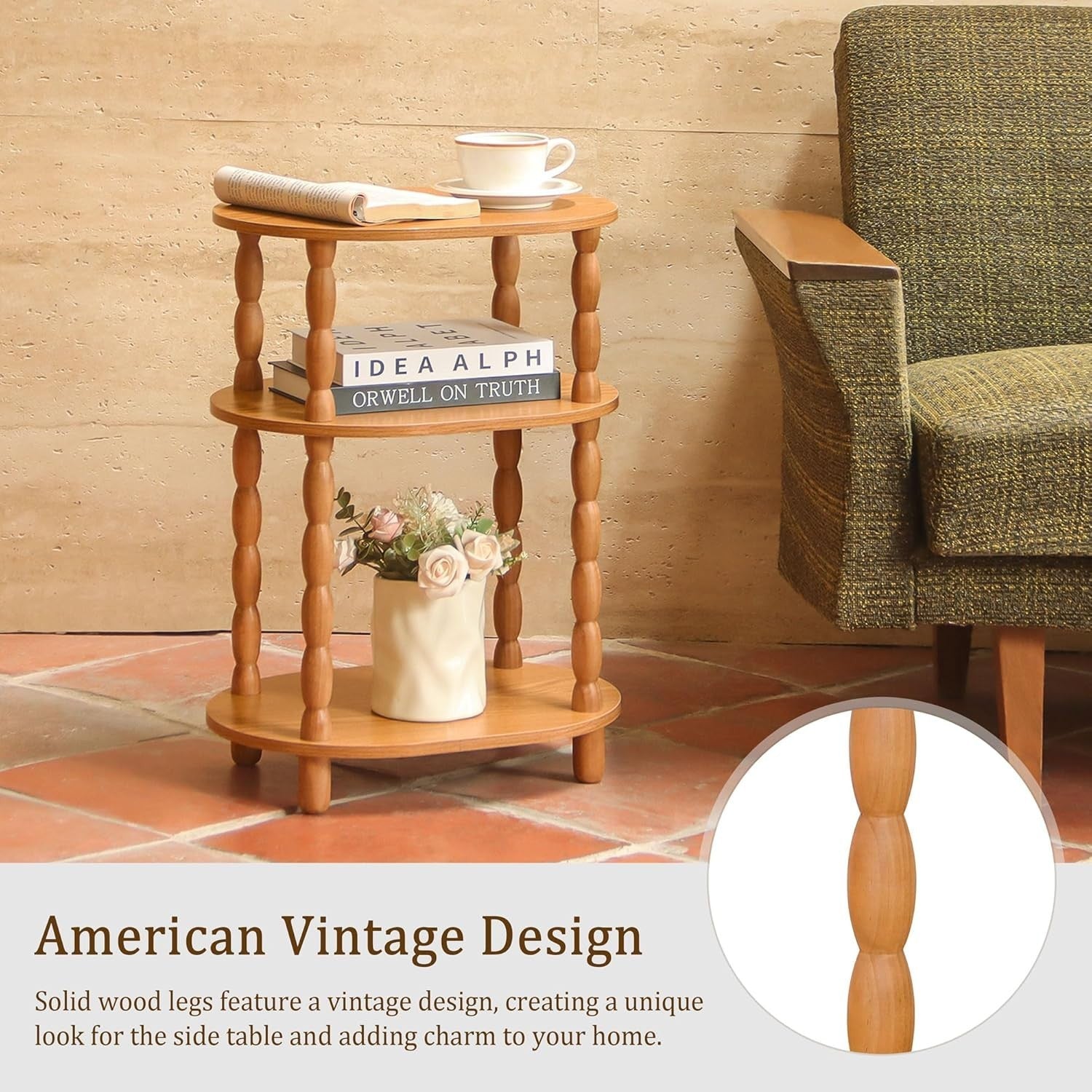 3-Tier Oval Side Table Brown, Compact Modern End Table with Storage Shelves