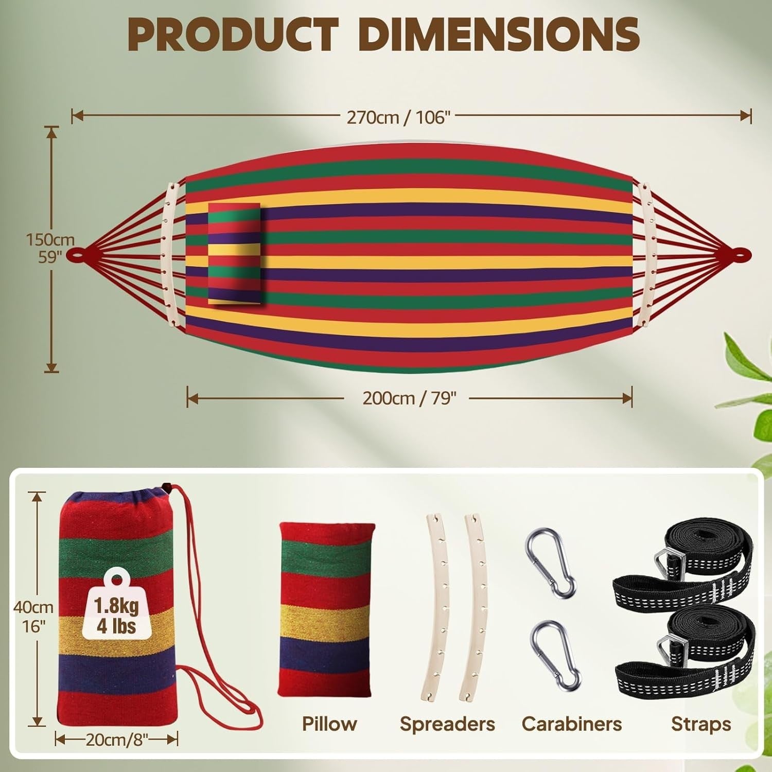 Cotton Hammock with Pillow 300kg Capacity Portable Outdoor Garden Lounger