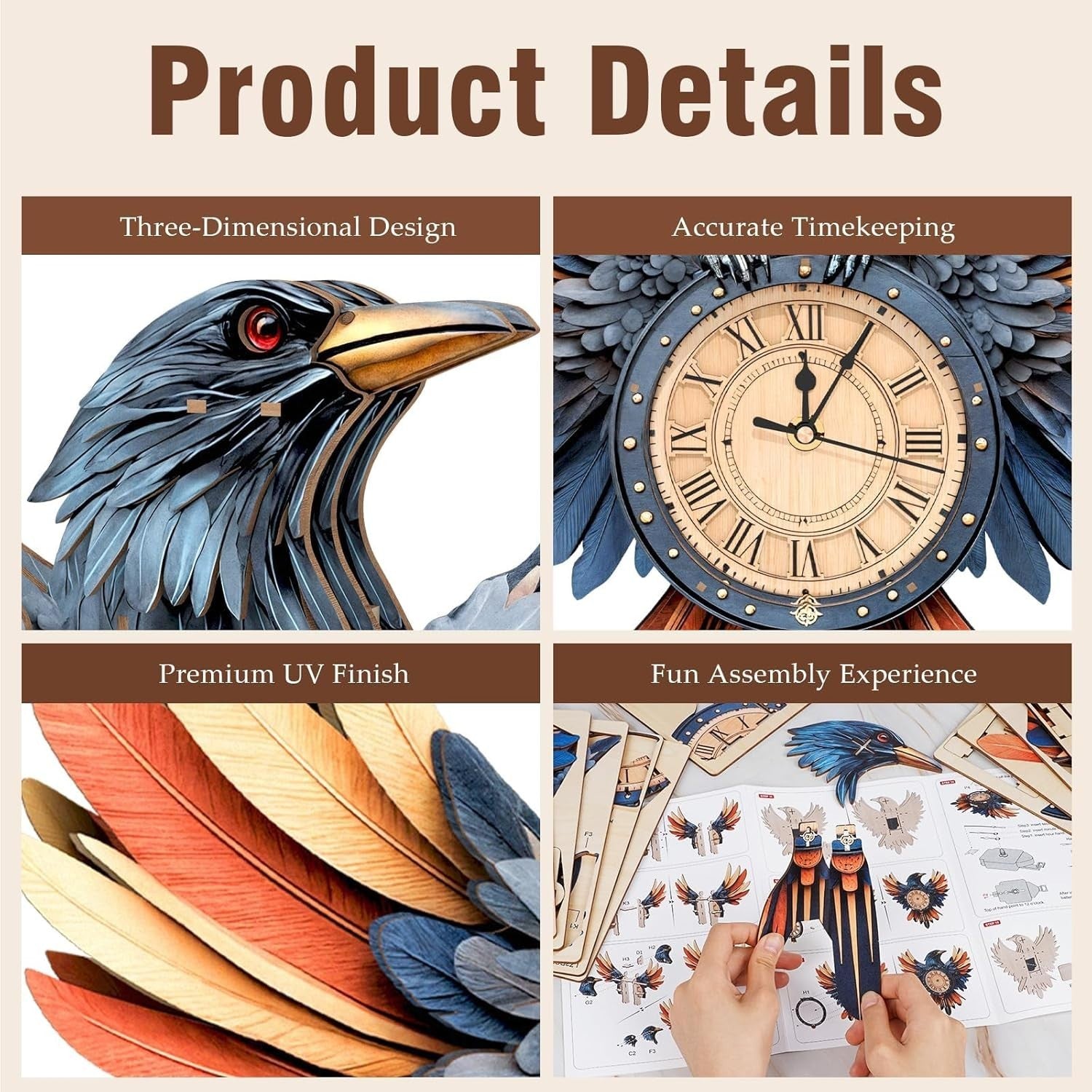 3D Wooden Crow Clock Kit – DIY Wall Clock with Pendulum & Chime
