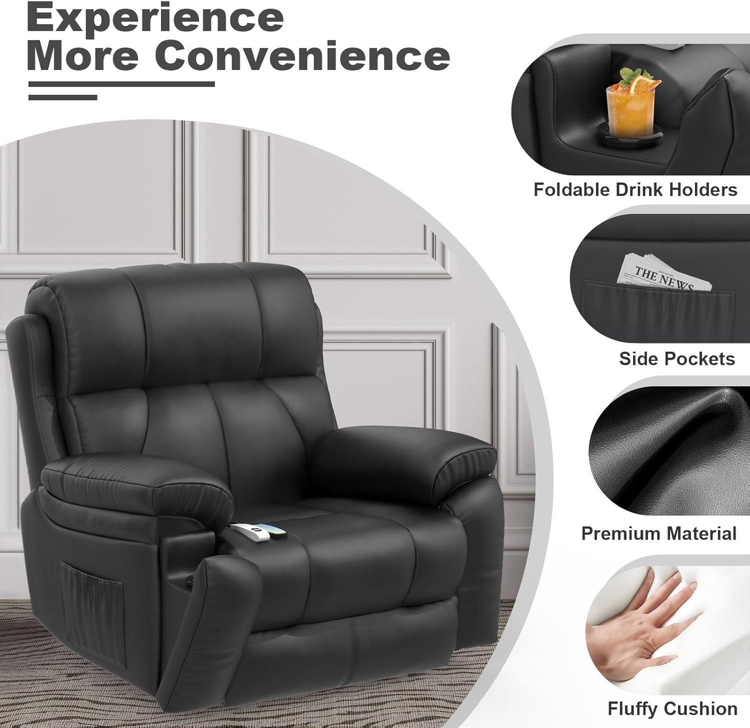 Power Lift Recliner Chair Massage Heat Oversized Faux Leather USB Type-C Black