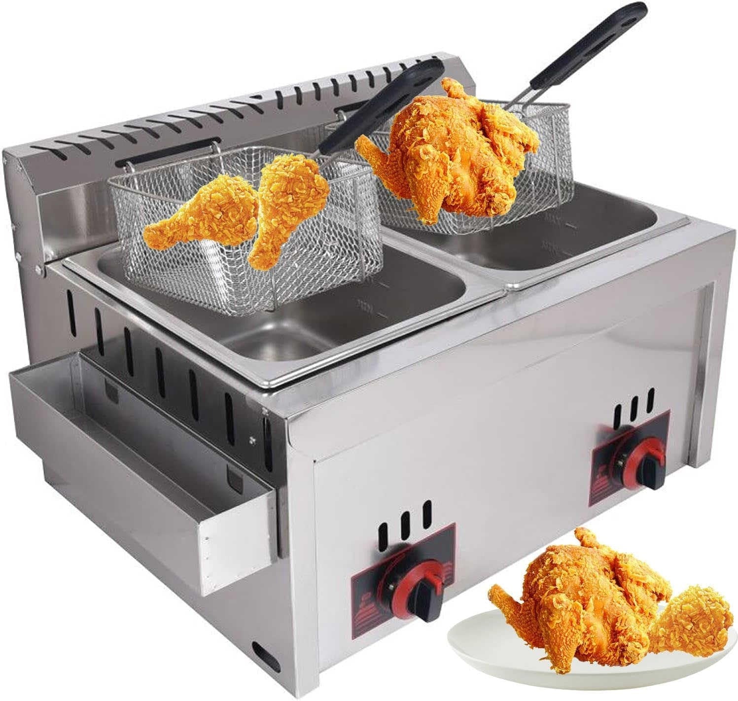 Commercial Gas Deep Fryer Stainless Steel Desktop LPG Fryer Basket Lid