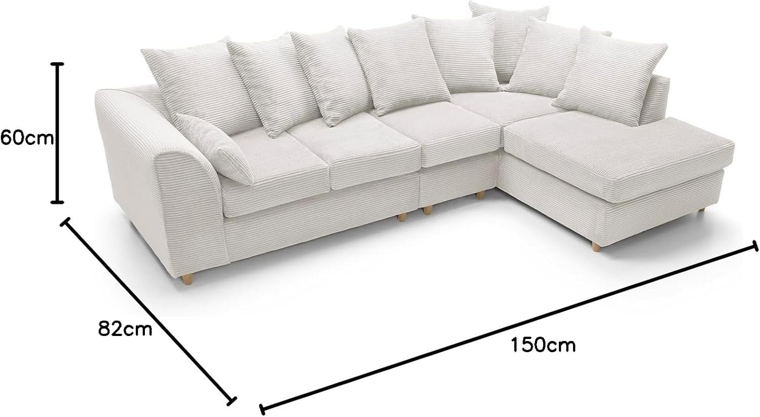 Cream 5-Seater L-Shape Sofa Scatter Back Cushions Armrest Right Hand