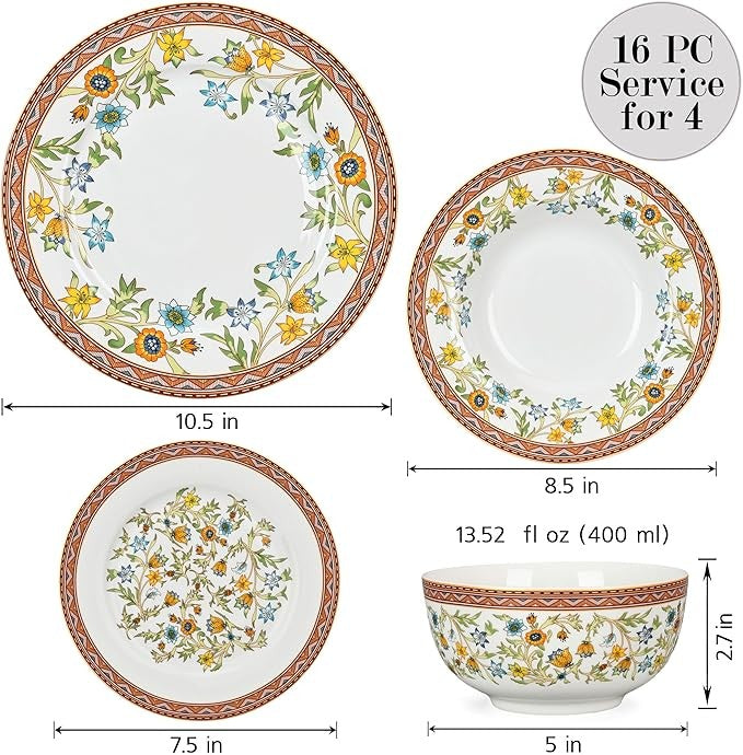 16pc Bone China Dinnerware Set Floral Plates Bowls Oven Dishwasher Safe