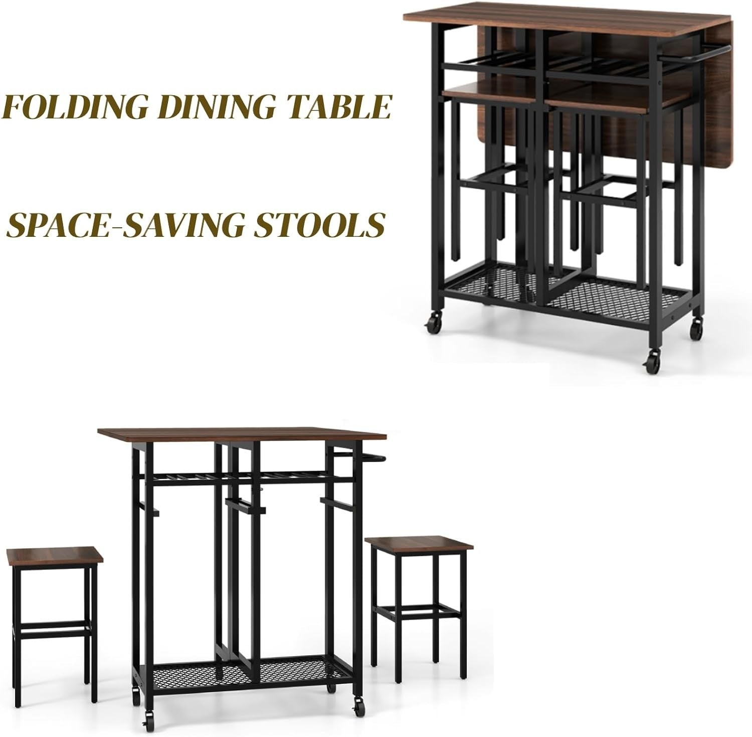 Foldable Drop Leaf Dining Table Set with Wine Rack Shelves & Stools on Wheels